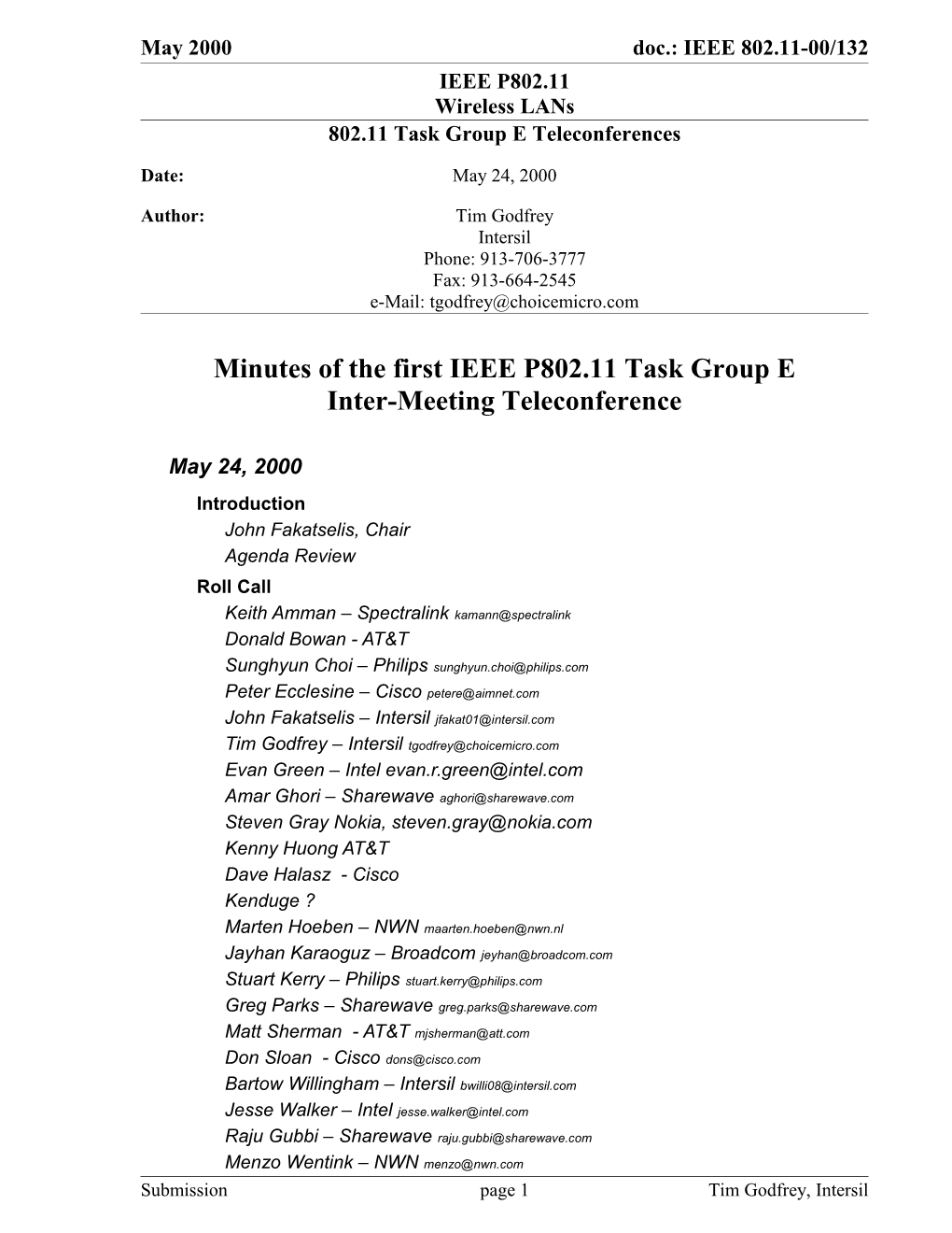 802.11 Task Group E Teleconferences