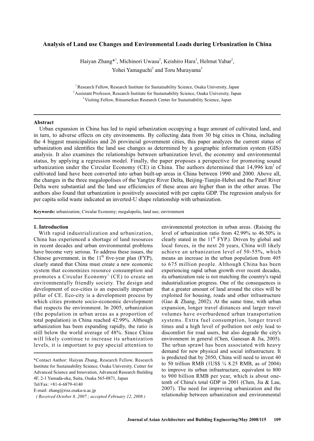 Analysis of Land Use Changes and Environmental Loads During Urbanization in China