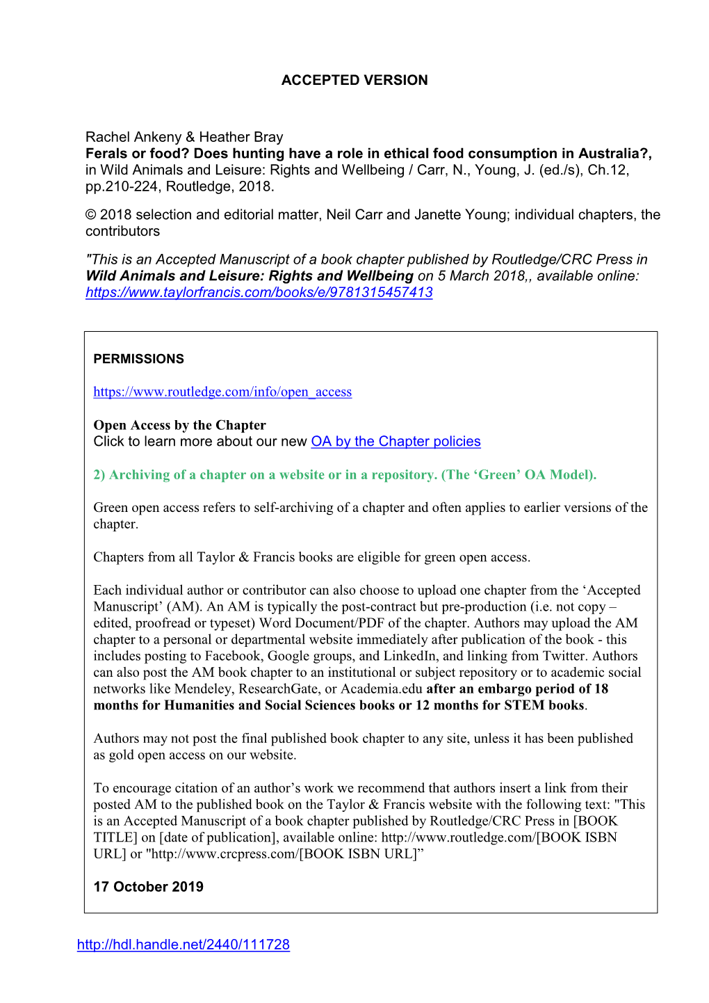 Does Hunting Have a Role in Ethical Food Consumption in Australia?, in Wild Animals and Leisure: Rights and Wellbeing / Carr, N., Young, J