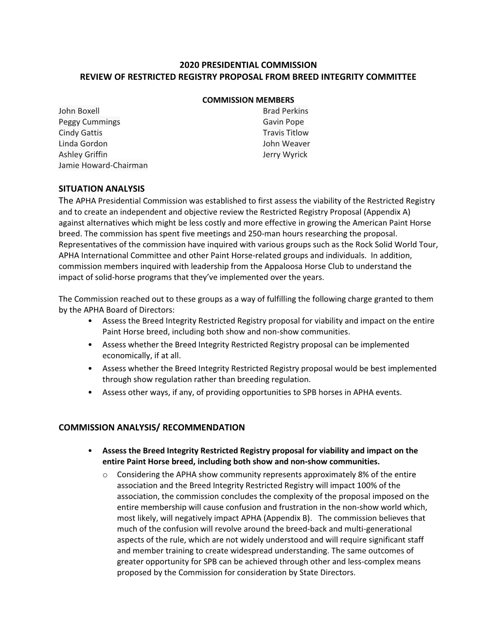 2020 Presidential Commission Review of Restricted Registry Proposal from Breed Integrity Committee