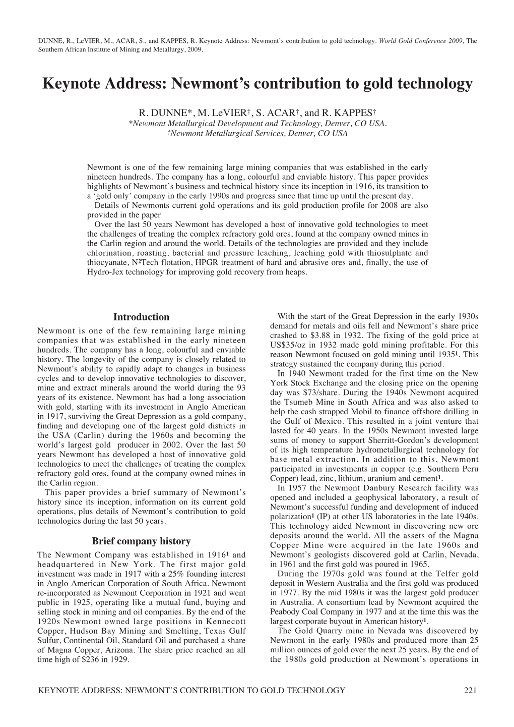 Keynote Address: Newmont's Contribution to Gold Technology