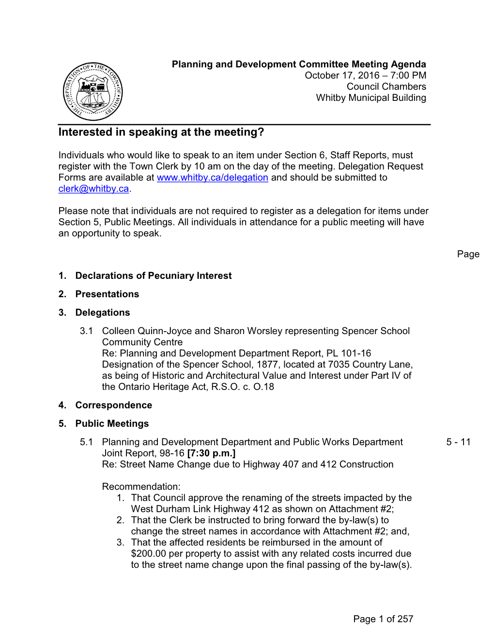 Planning and Development Committee Meeting Agenda October 17, 2016 – 7:00 PM Council Chambers Whitby Municipal Building