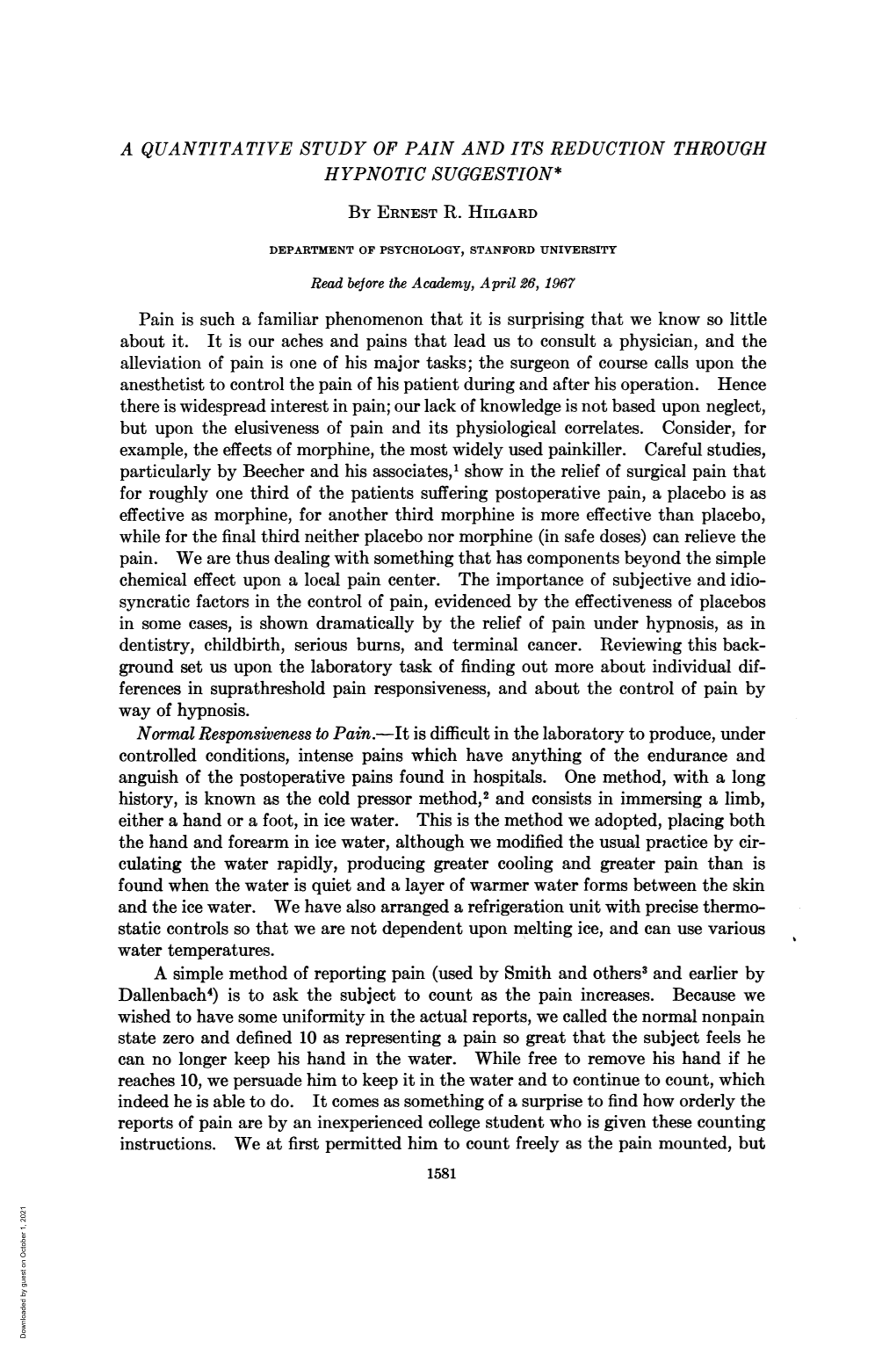 A Quantitative Study of Pain and Its Reduction Through Hypnotic Suggestion* by Ernest R