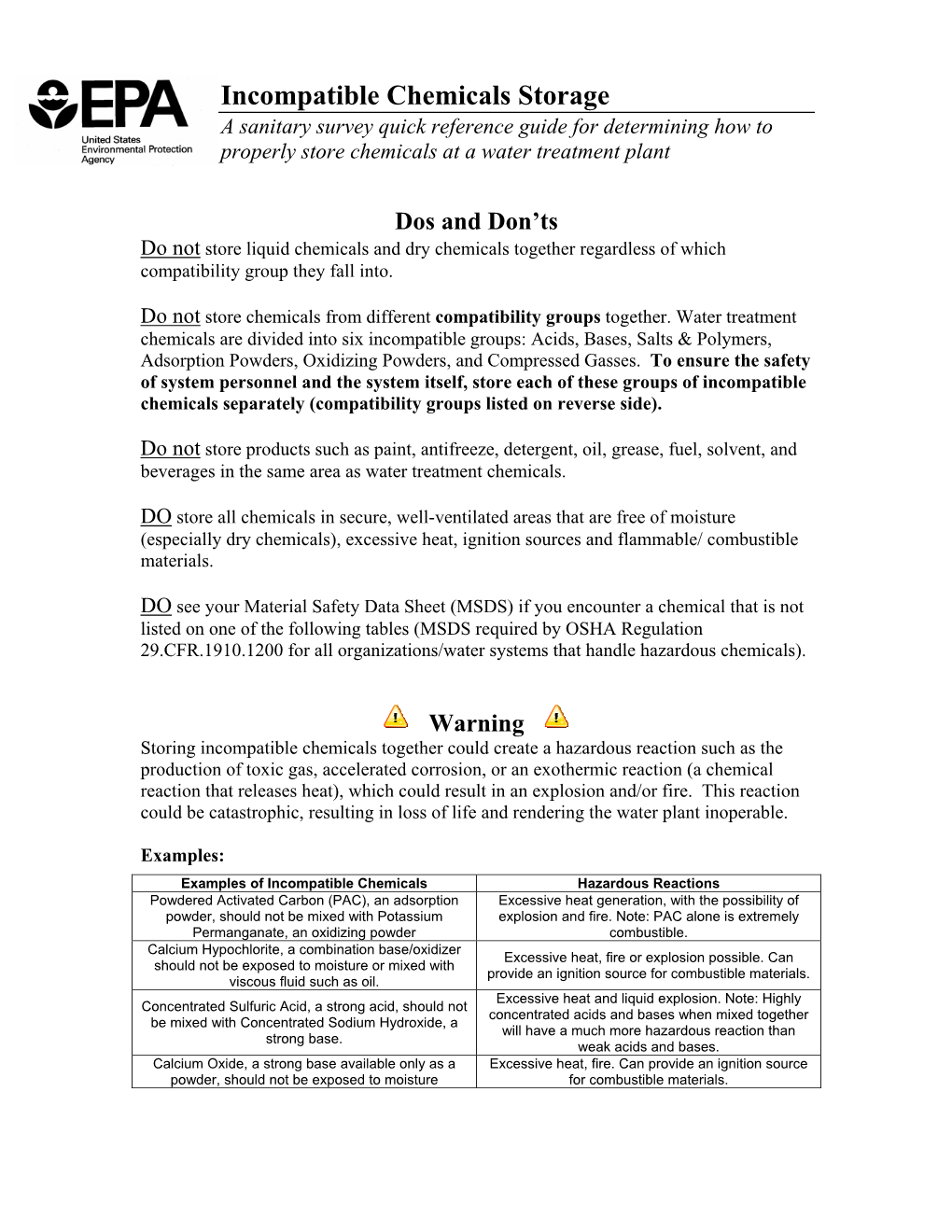 Incompatible Chemicals Storage a Sanitary Survey Quick Reference Guide for Determining How to Properly Store Chemicals at a Water Treatment Plant