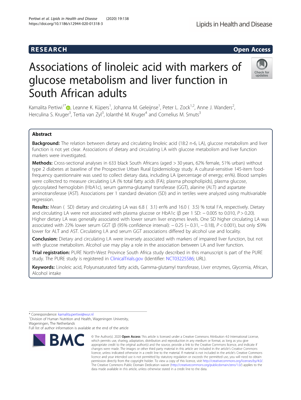 Associations of Linoleic Acid with Markers of Glucose Metabolism and Liver Function in South African Adults Kamalita Pertiwi1* , Leanne K