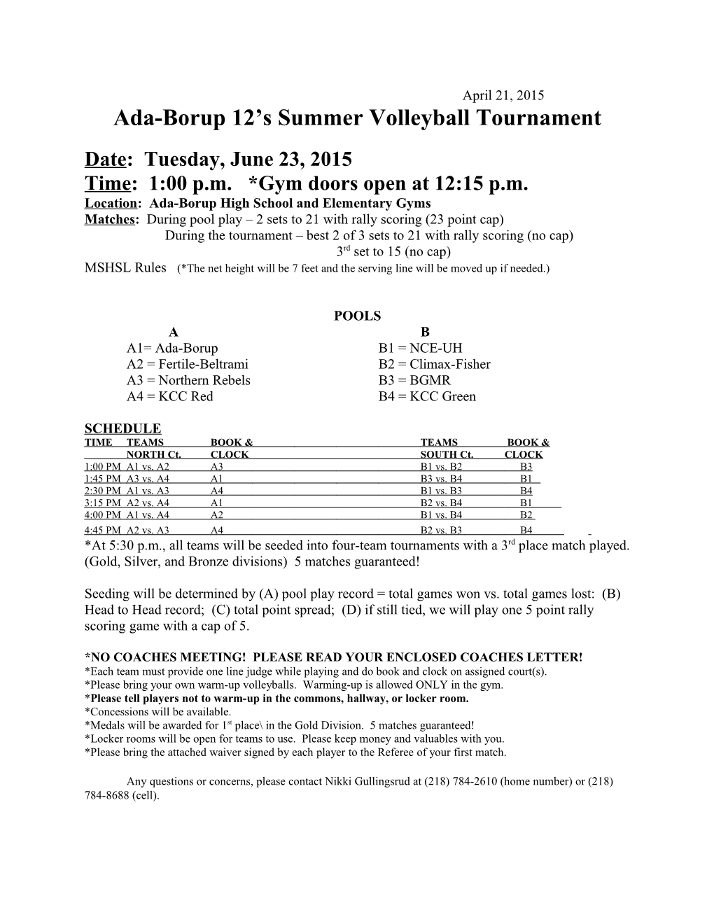 Ada-Borup 12 S Summer Volleyball Tournament