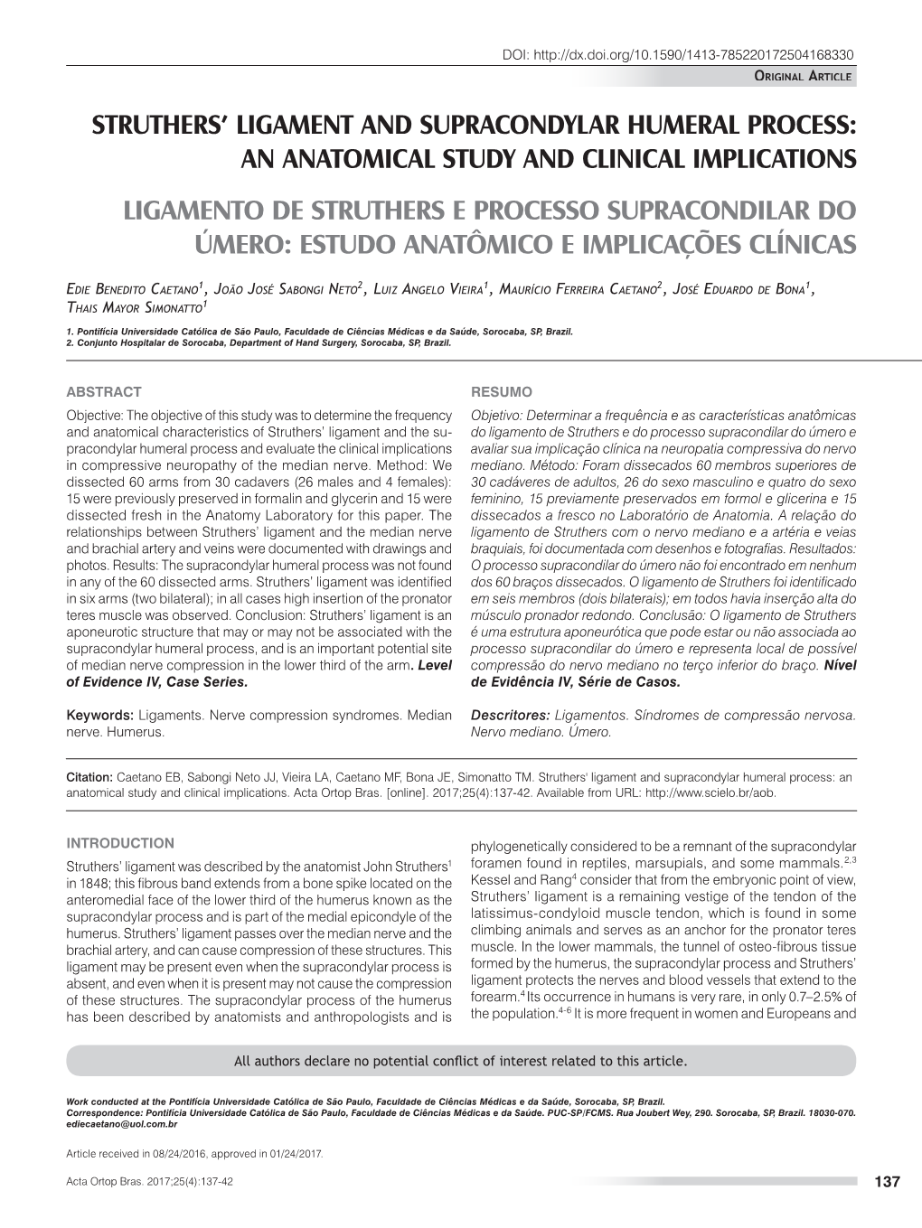 Struthers' Ligament and Supracondylar Humeral Process: an Anatomical Study and Clinical Implications