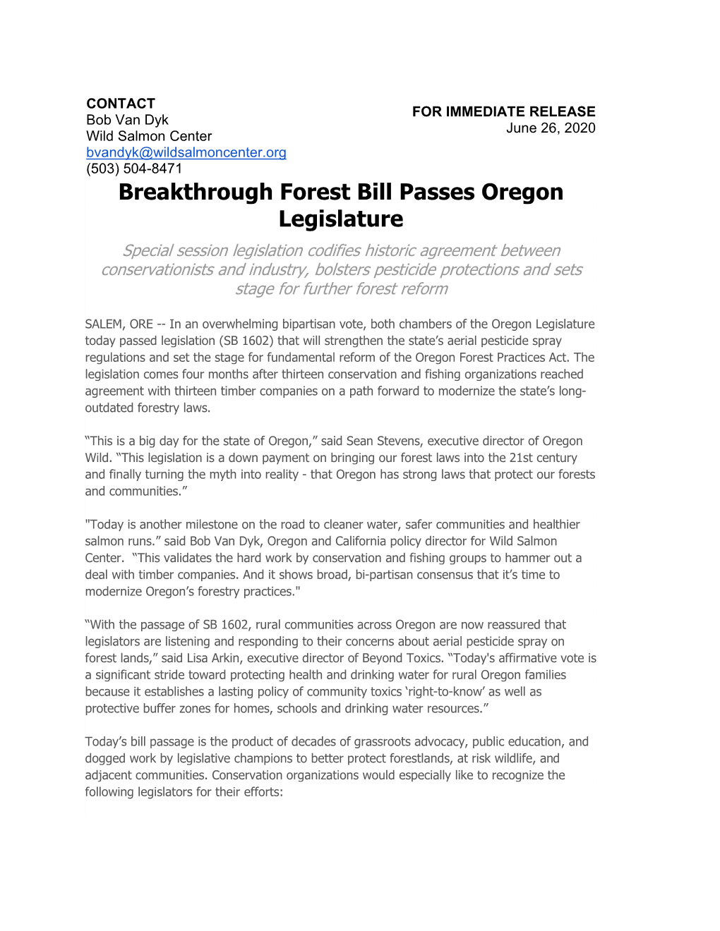 Breakthrough Forest Bill Passes Oregon Legislature