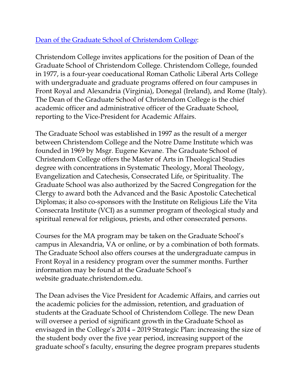 Dean of the Graduate School of Christendom College: Christendom