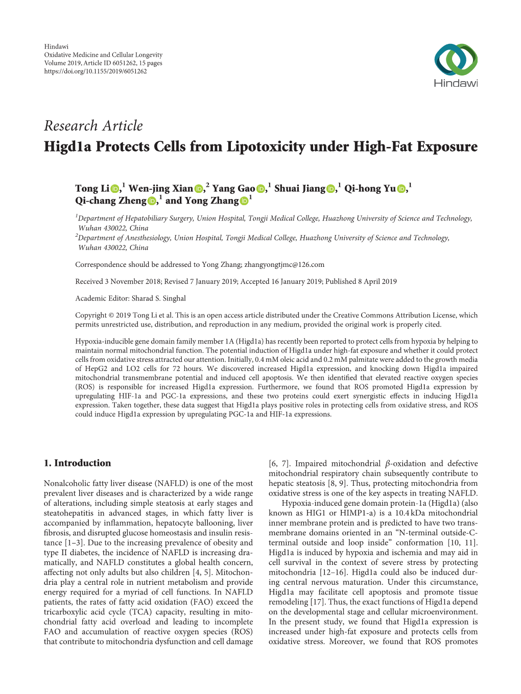 Research Article Higd1a Protects Cells from Lipotoxicity Under High-Fat Exposure