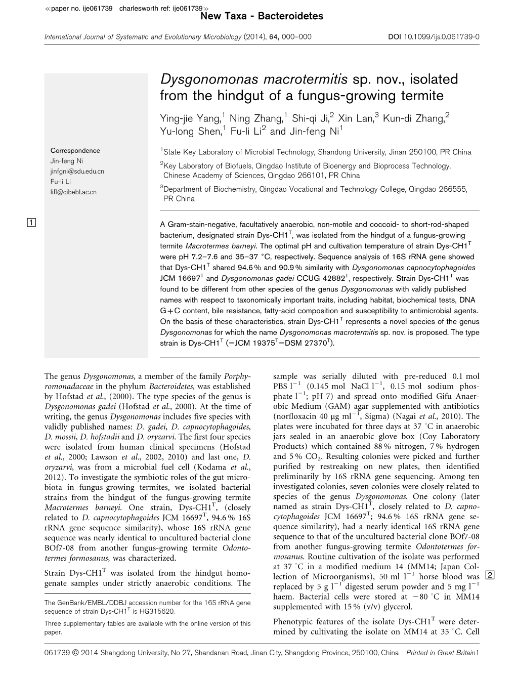 Dysgonomonas Macrotermitis Sp. Nov., Isolated from the Hindgut of a Fungus-Growing Termite