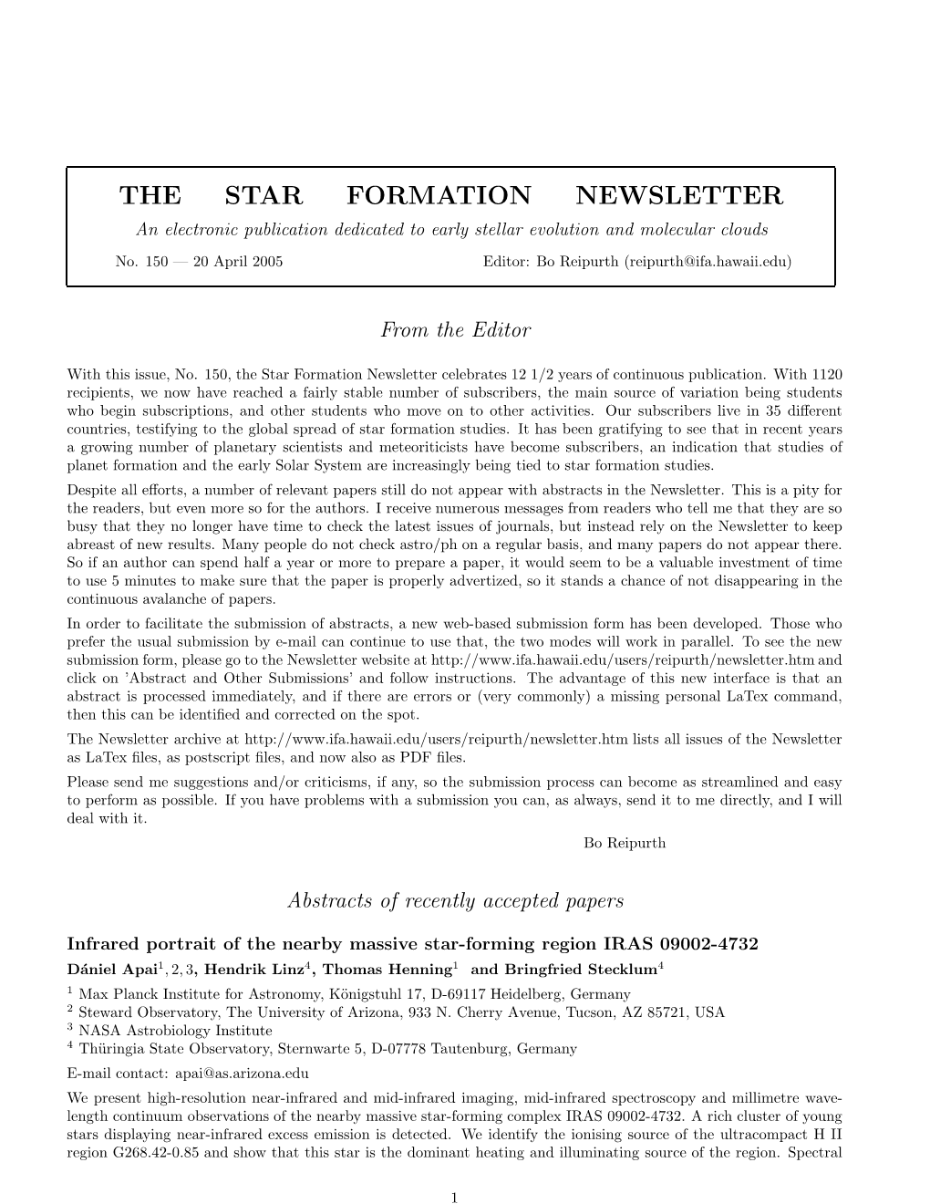 THE STAR FORMATION NEWSLETTER an Electronic Publication Dedicated to Early Stellar Evolution and Molecular Clouds