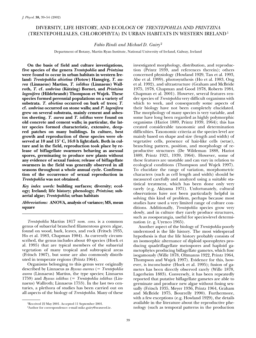 Diversity, Life History, and Ecology of Trentepohlia and Printzina (Trentepohliales, Chlorophyta) in Urban Habitats in Western Ireland 1