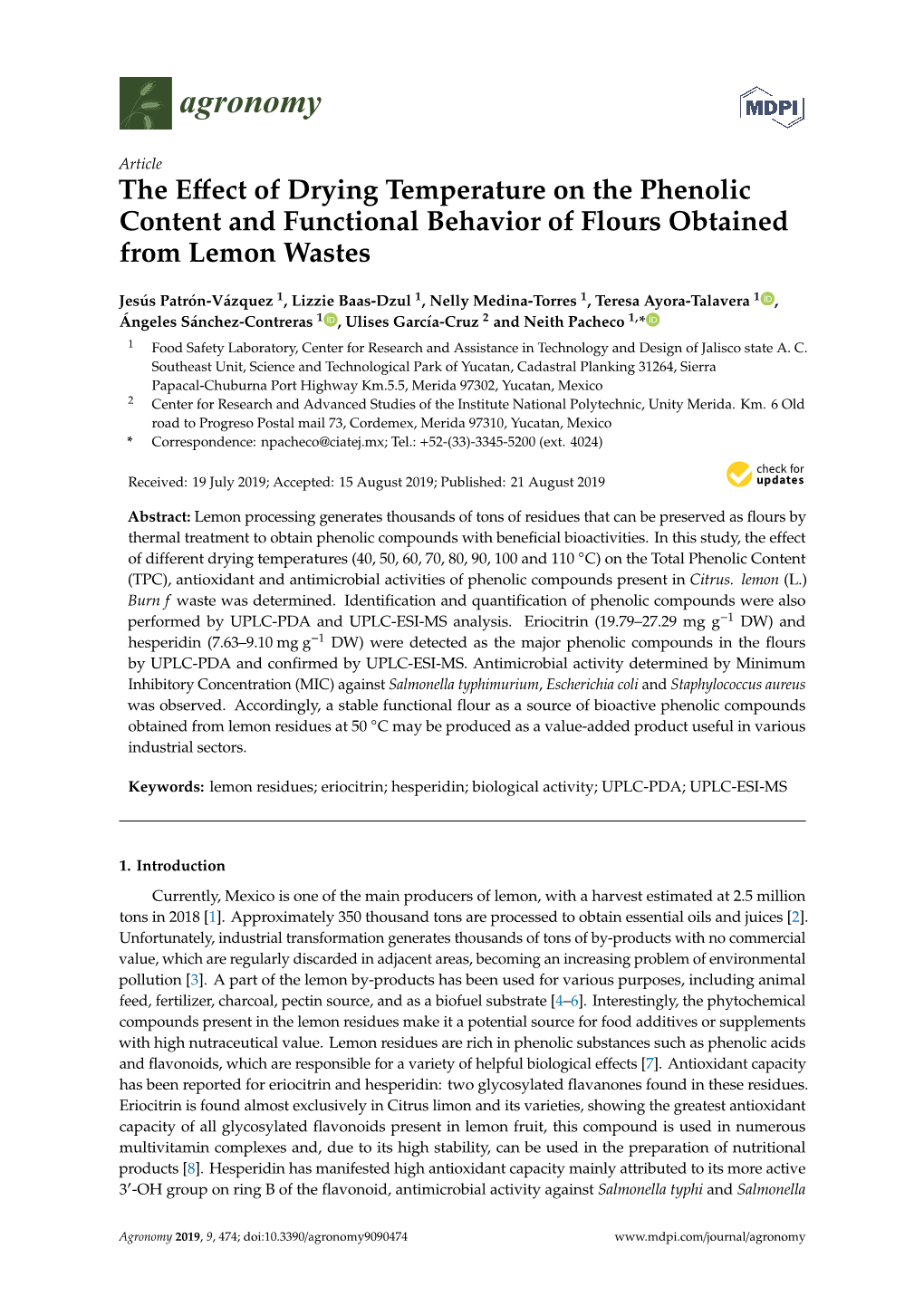 The Effect of Drying Temperature on the Phenolic Content and Functional Behavior of Flours Obtained from Lemon Wastes