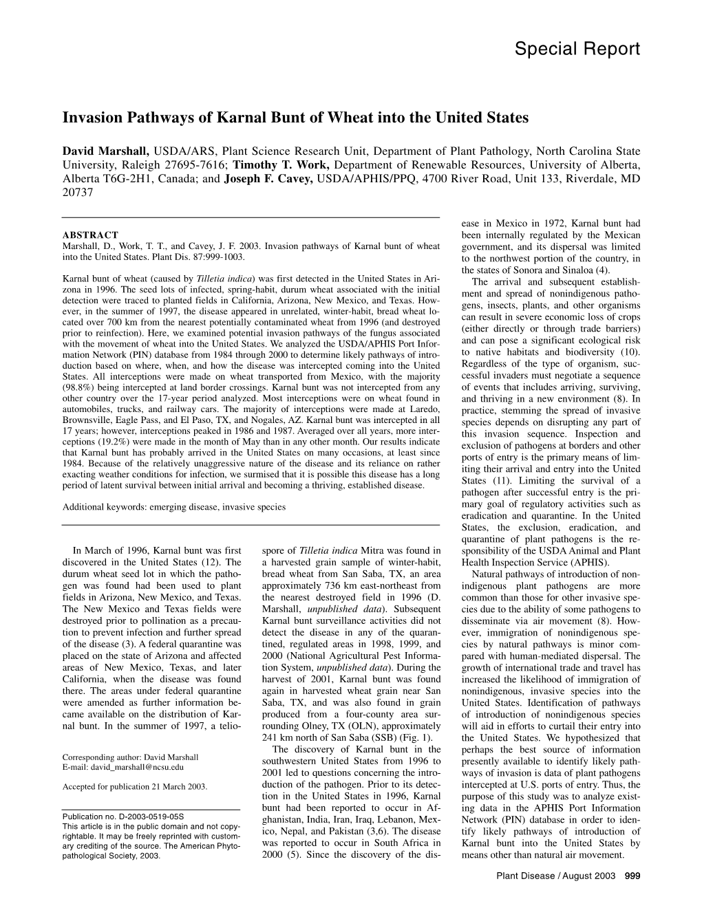 Invasion Pathways of Karnal Bunt of Wheat Into the United States