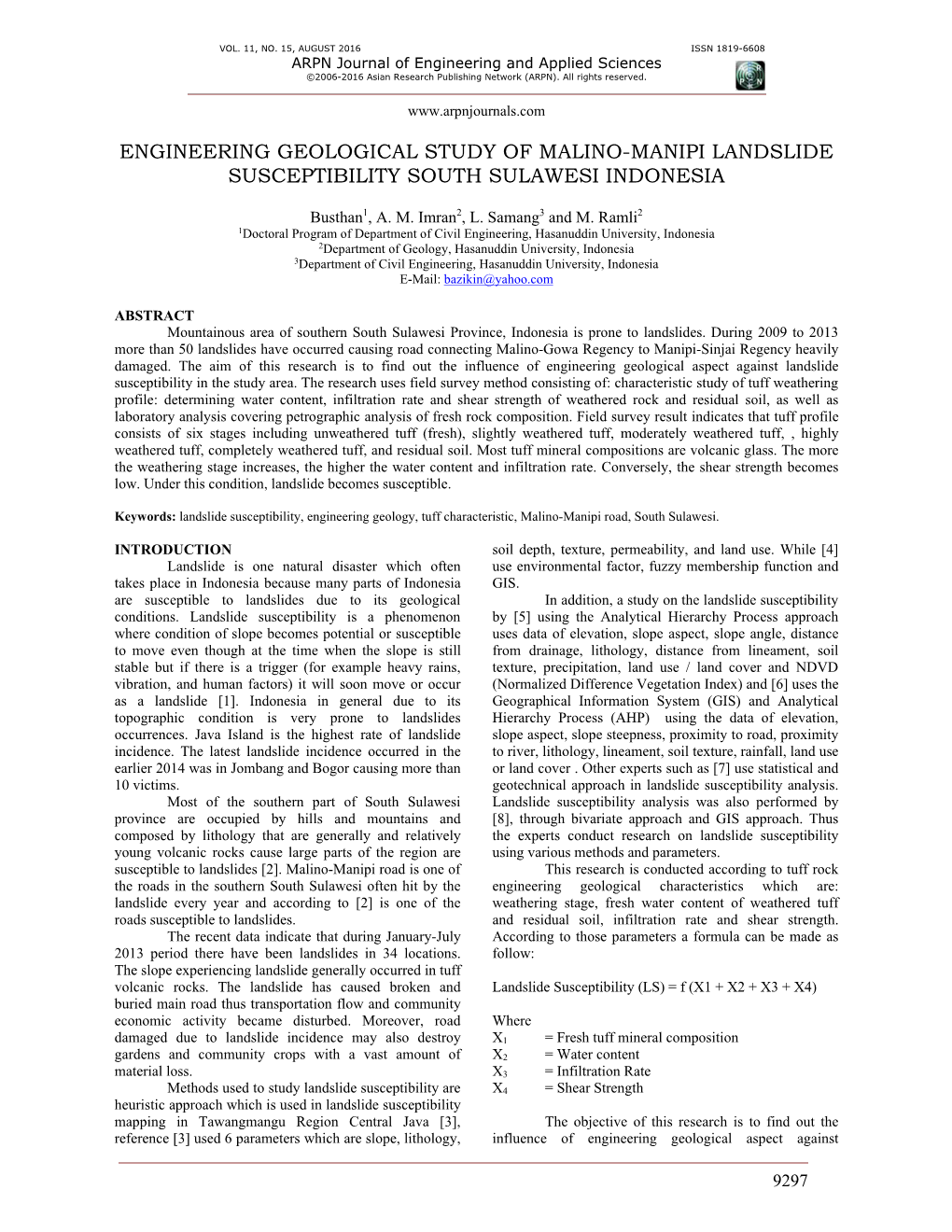 Engineering Geological Study of Malino-Manipi Landslide Susceptibility South Sulawesi Indonesia