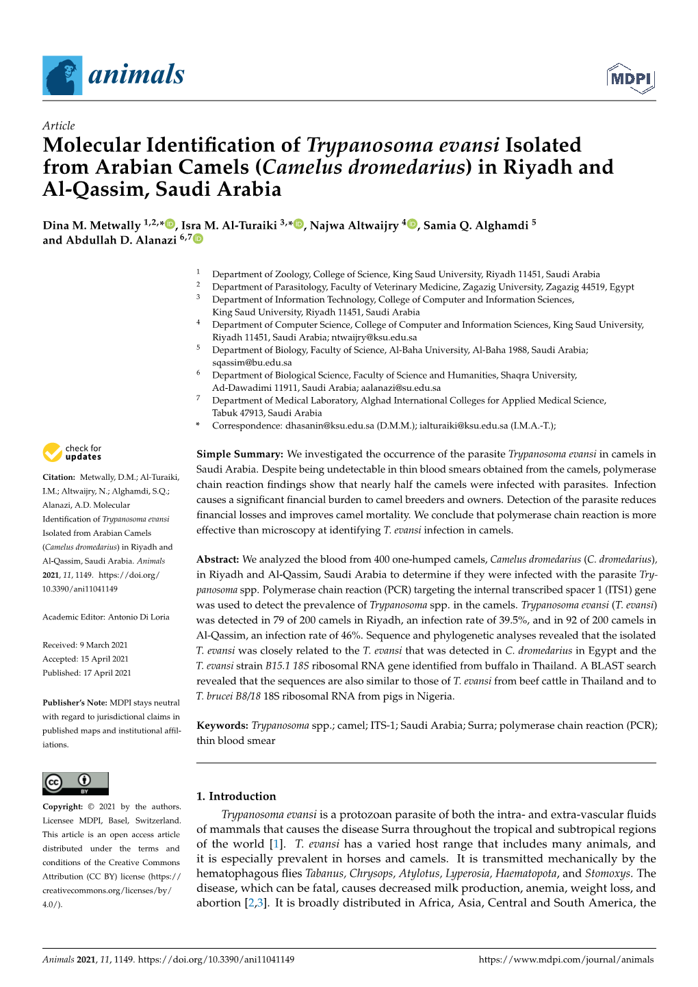 (Camelus Dromedarius) in Riyadh and Al-Qassim, Saudi Arabia