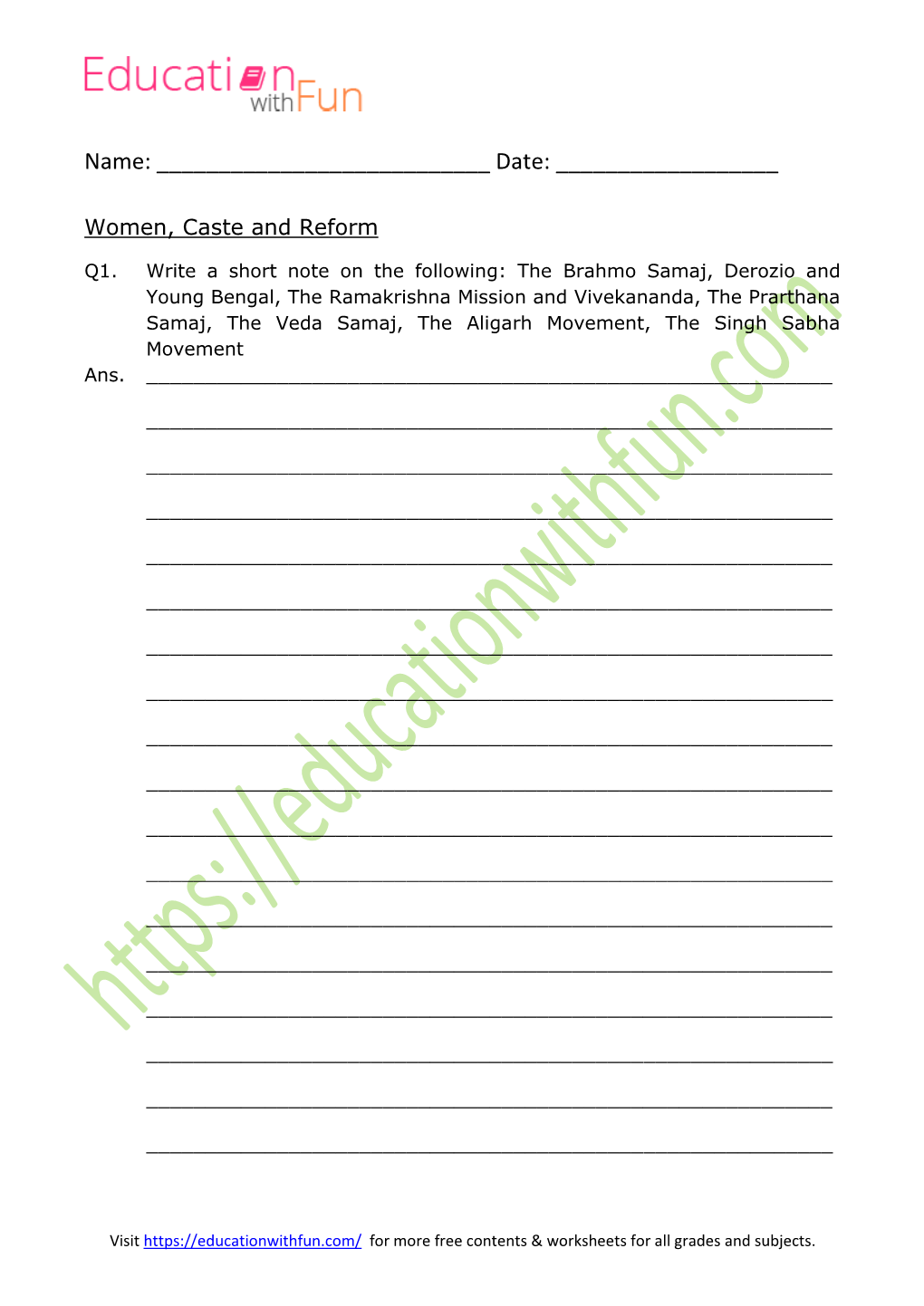 Women, Caste and Reform Worksheet 13.Pdf