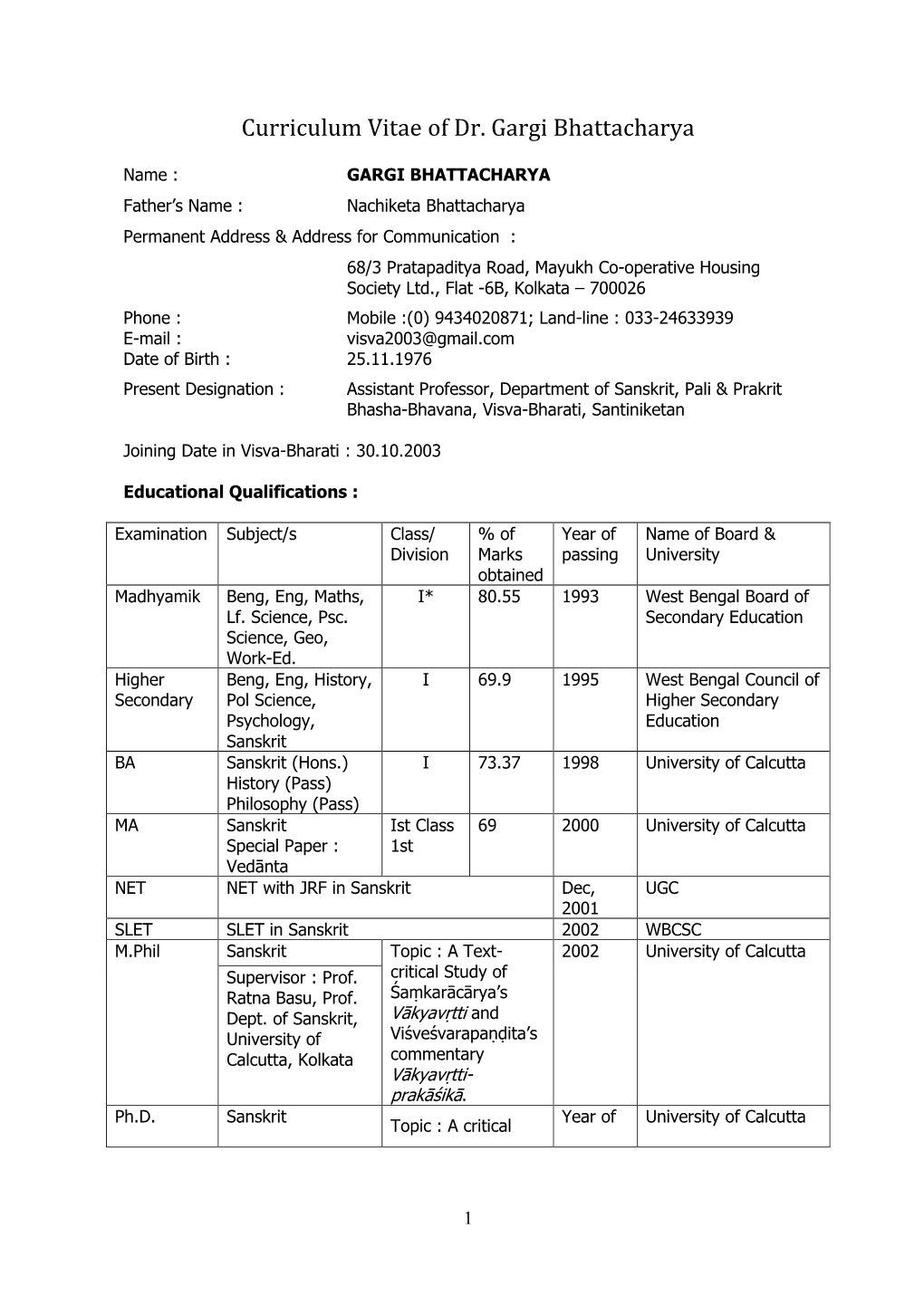 Curriculum Vitae of Dr. Gargi Bhattacharya