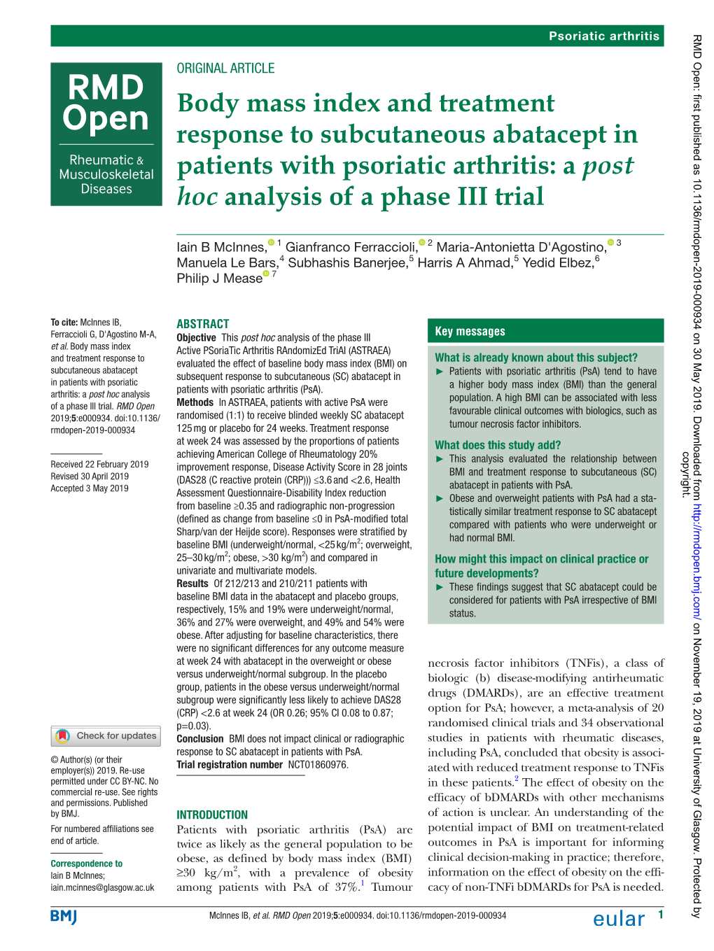 Body Mass Index and Treatment Response to Subcutaneous Abatacept in Patients with Psoriatic Arthritis: a Post Hoc Analysis of a Phase III Trial