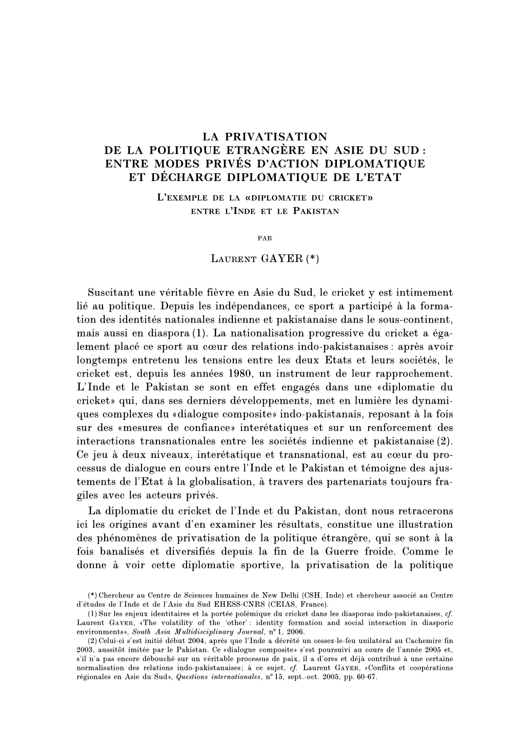 La Privatisation De La Politique Etrangère En Asie Du Sud : Entre Modes Privés D’Action Diplomatique Et Décharge Diplomatique De L’Etat