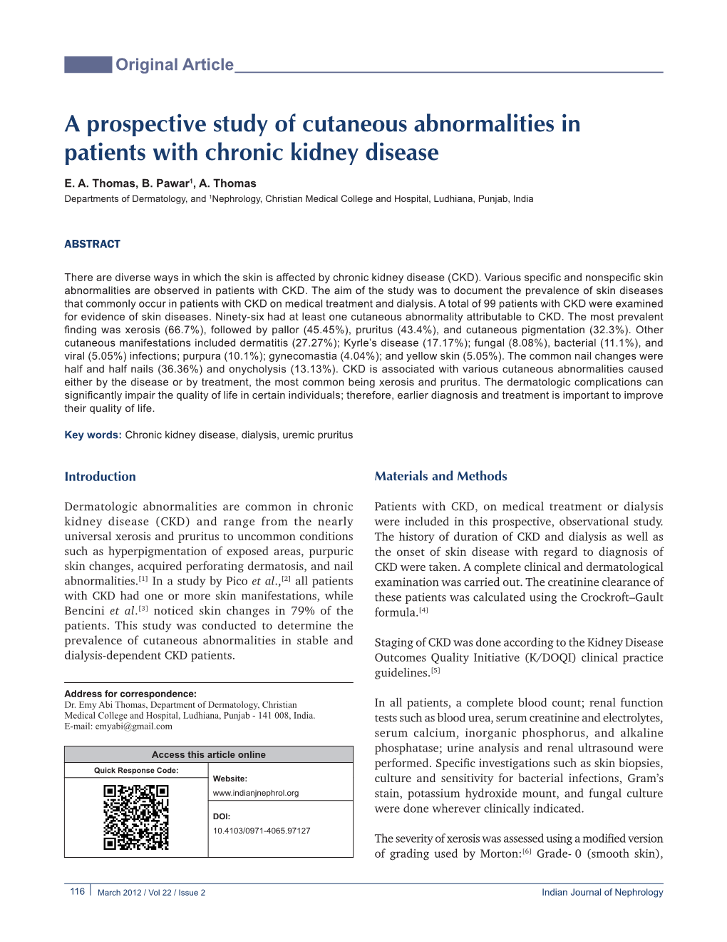 A Prospective Study of Cutaneous Abnormalities in Patients with Chronic Kidney Disease