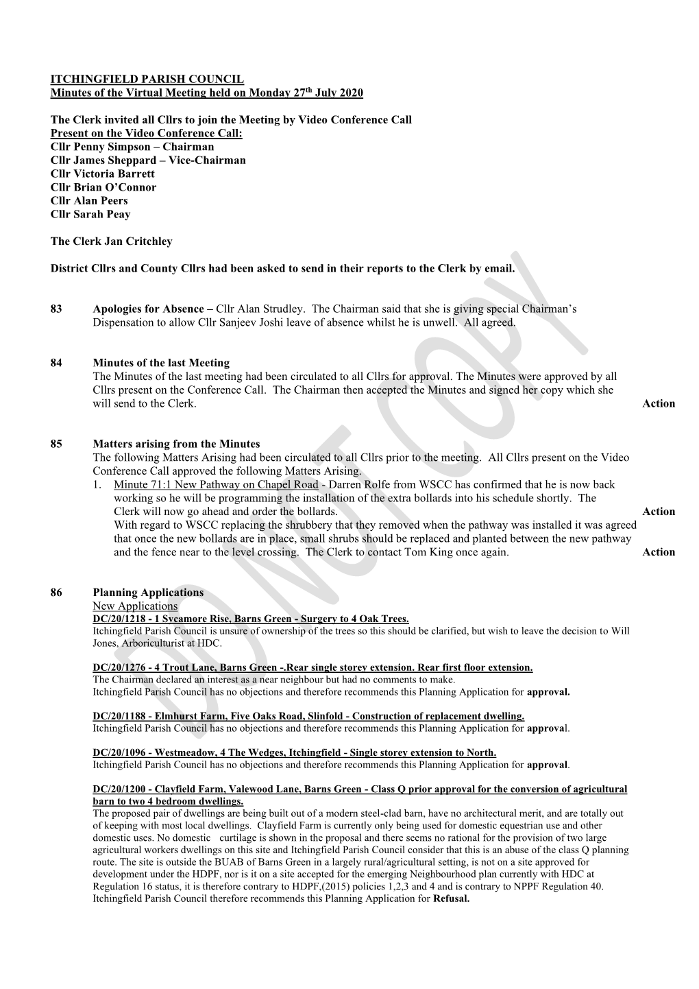 ITCHINGFIELD PARISH COUNCIL Minutes of the Virtual Meeting Held on Monday 27Th July 2020