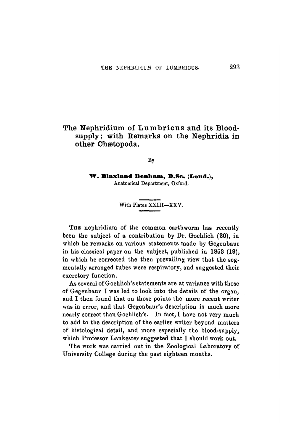 The Nephridium of Lumbricus and Its Blood- Supply; with Remarks on the Nephridia in Other Chsetopoda