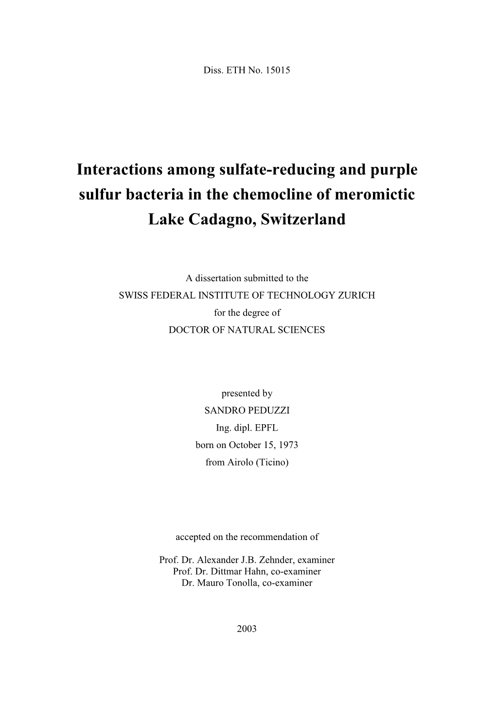 Interactions Among Sulfate-Reducing and Purple Sulfur Bacteria in the Chemocline of Meromictic Lake Cadagno, Switzerland