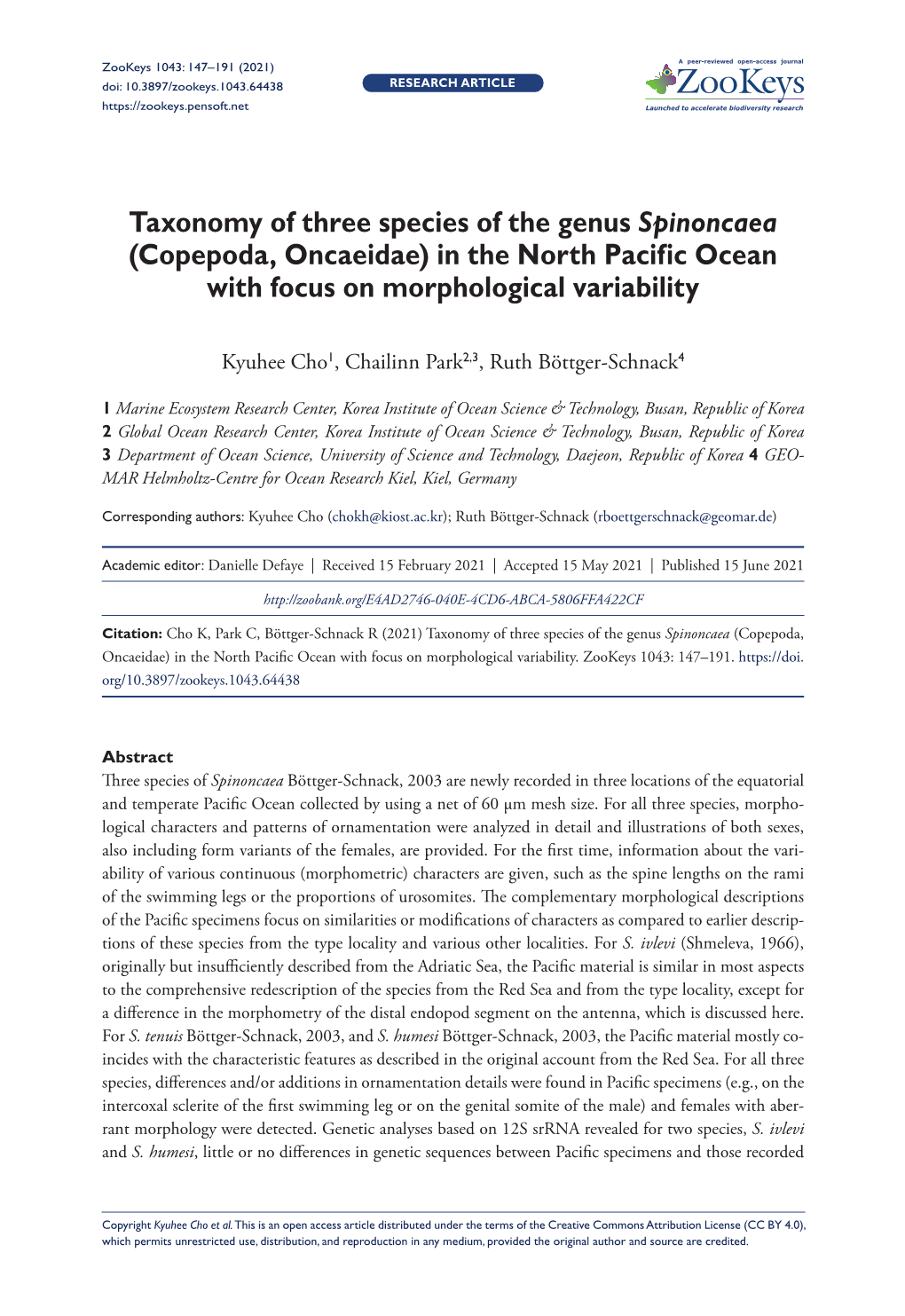 Taxonomy of Three Species of the Genus Spinoncaea (Copepoda, Oncaeidae) in the North Pacific Ocean with Focus on Morphological Variability