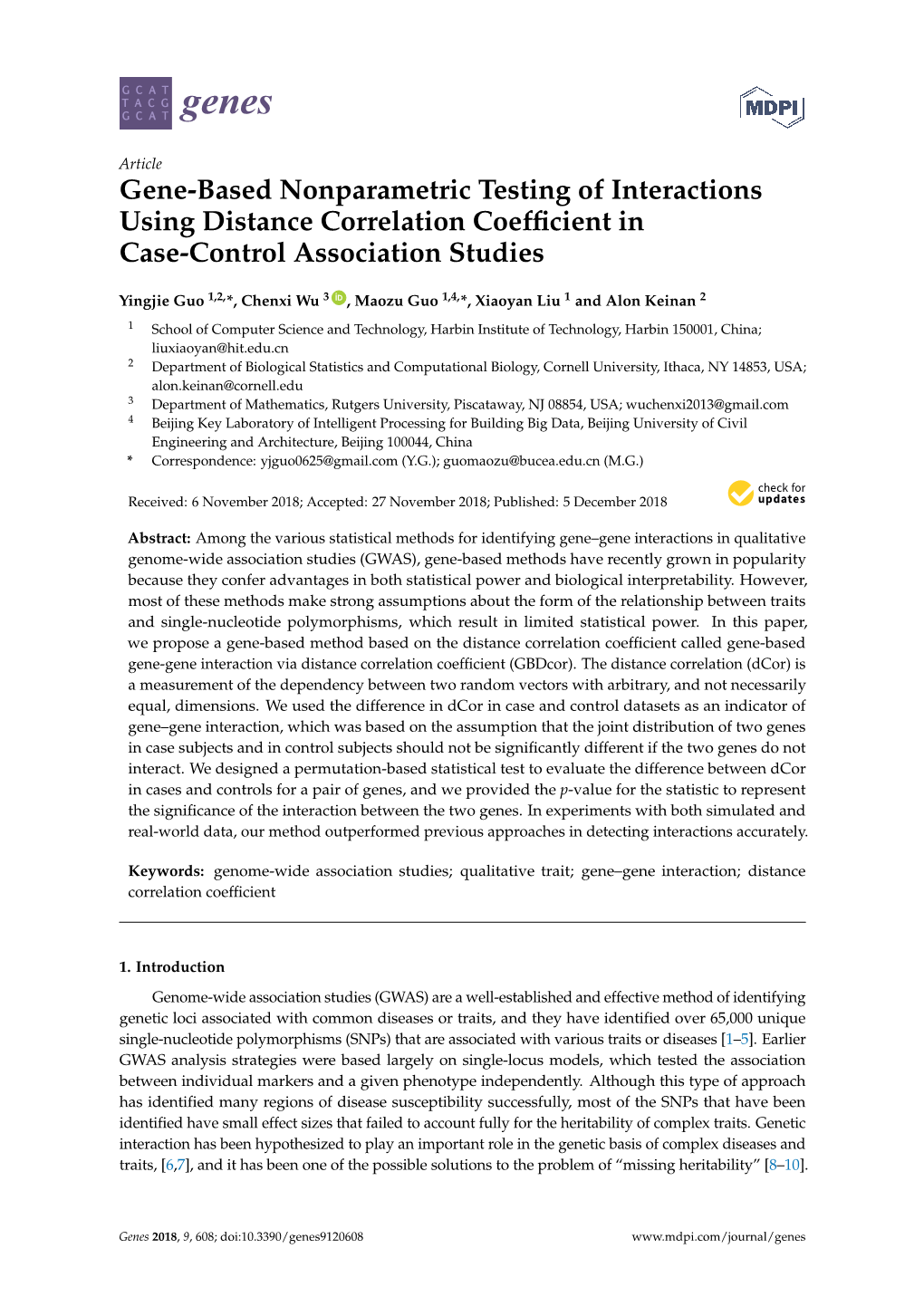 Gene-Based Nonparametric Testing of Interactions Using Distance Correlation Coefﬁcient in Case-Control Association Studies