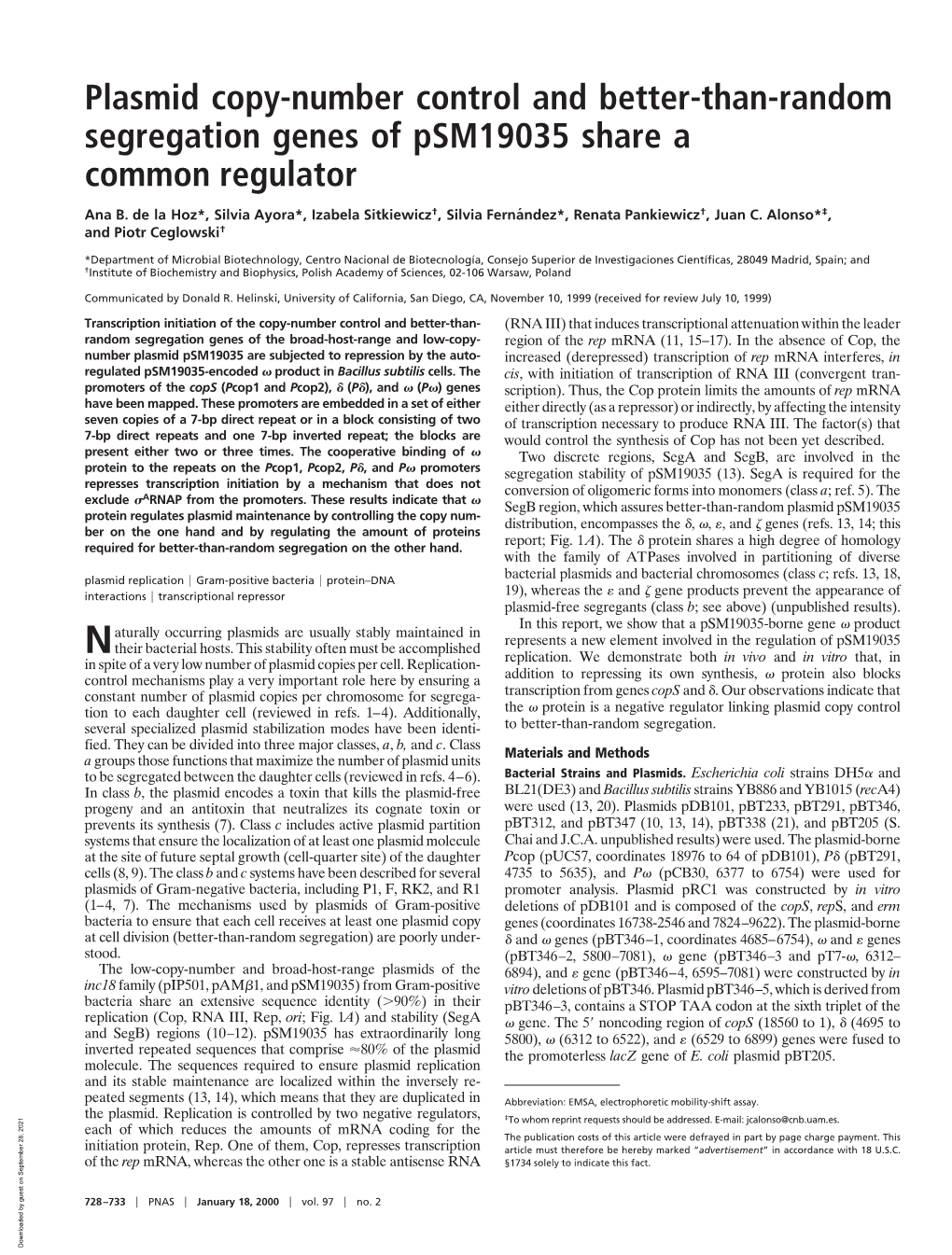 Plasmid Copy-Number Control and Better-Than-Random Segregation Genes of Psm19035 Share a Common Regulator