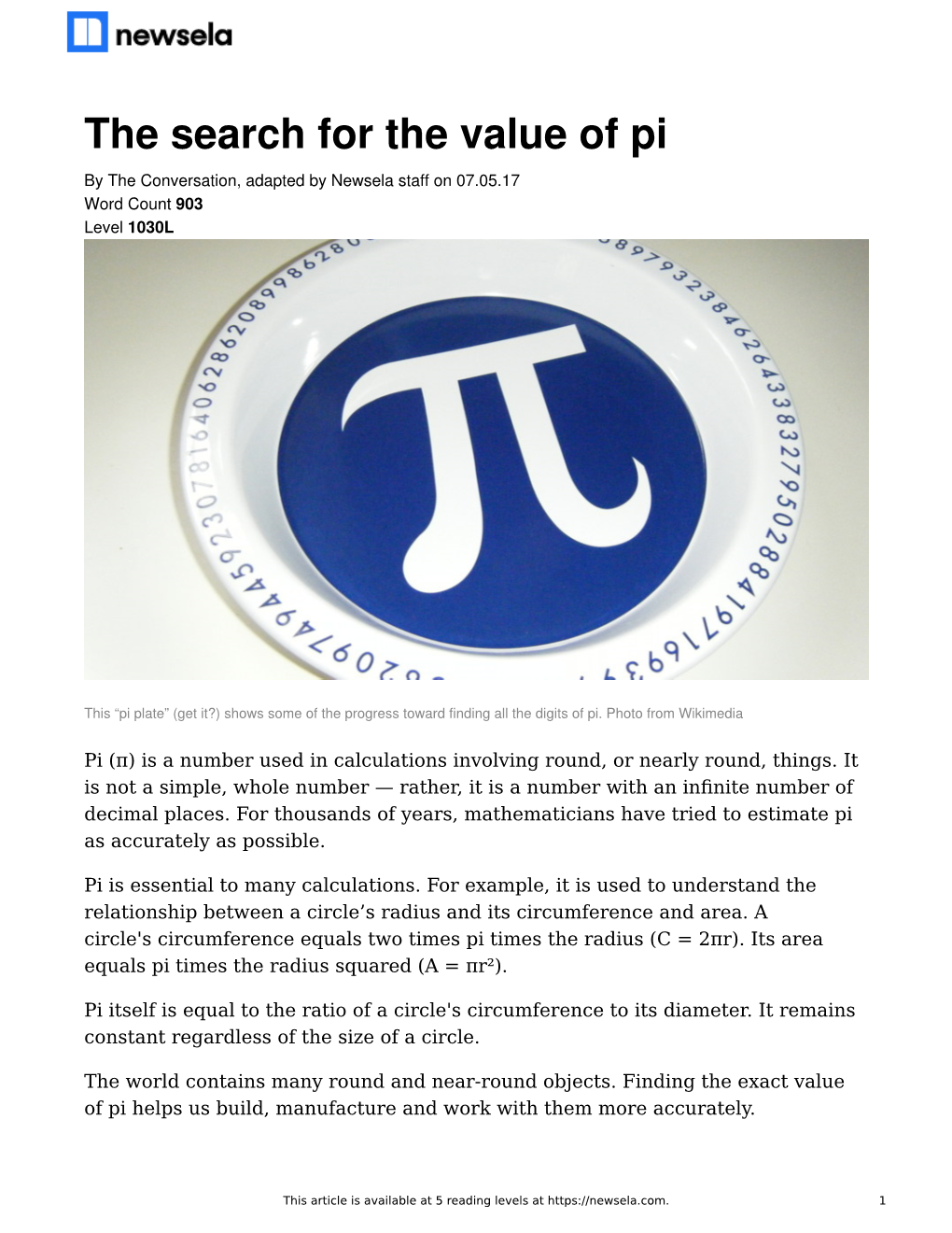 The Search for the Value of Pi by the Conversation, Adapted by Newsela Staff on 07.05.17 Word Count 903 Level 1030L