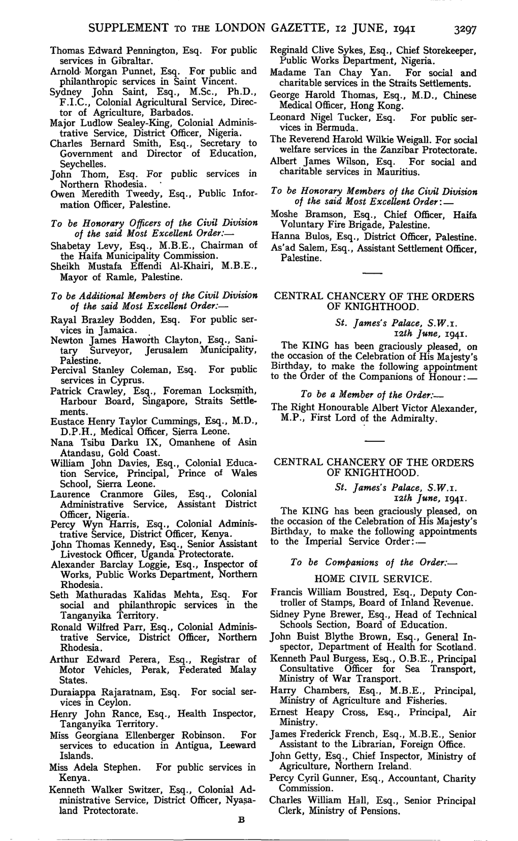 SUPPLEMENT to the LONDON GAZETTE, 12 JUNE, 1941 3297 Thomas Edward Pennington, Esq