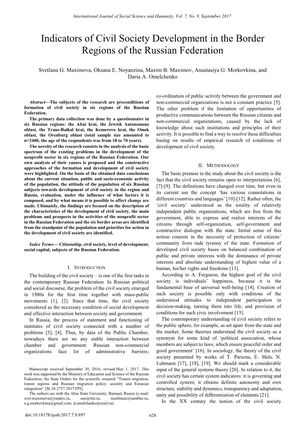 Indicators of Civil Society Development in the Border Regions of the Russian Federation