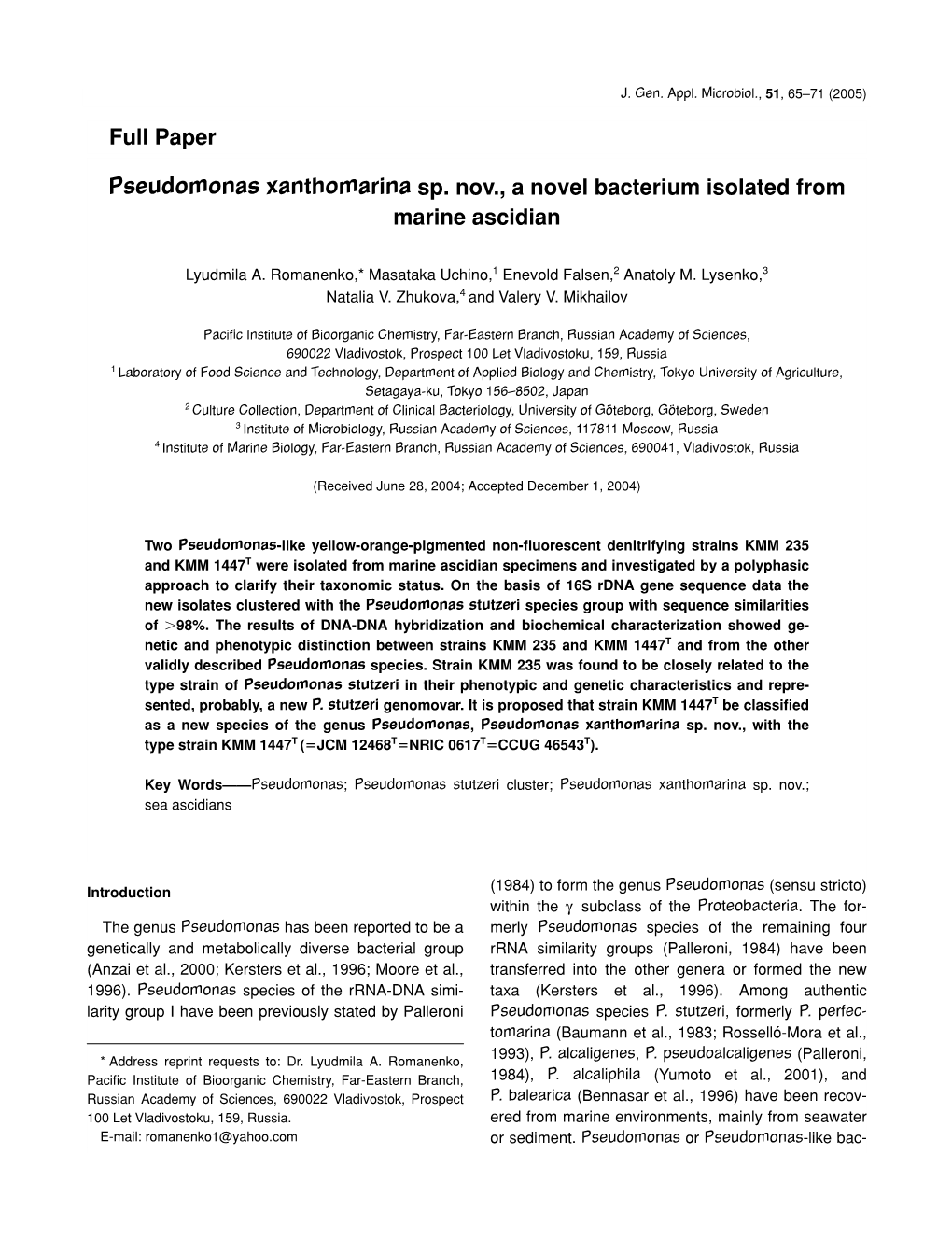 Pseudomonas Xanthomarina Sp. Nov., a Novel Bacterium Isolated from Marine Ascidian