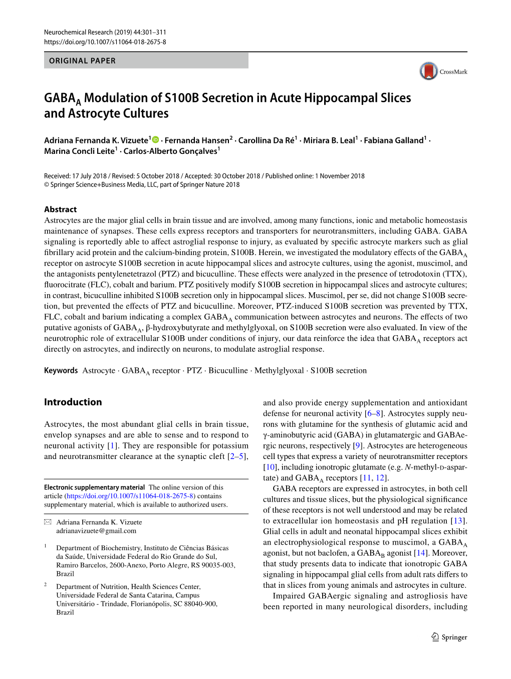 GABAA Modulation of S100B Secretion in Acute Hippocampal Slices and Astrocyte Cultures