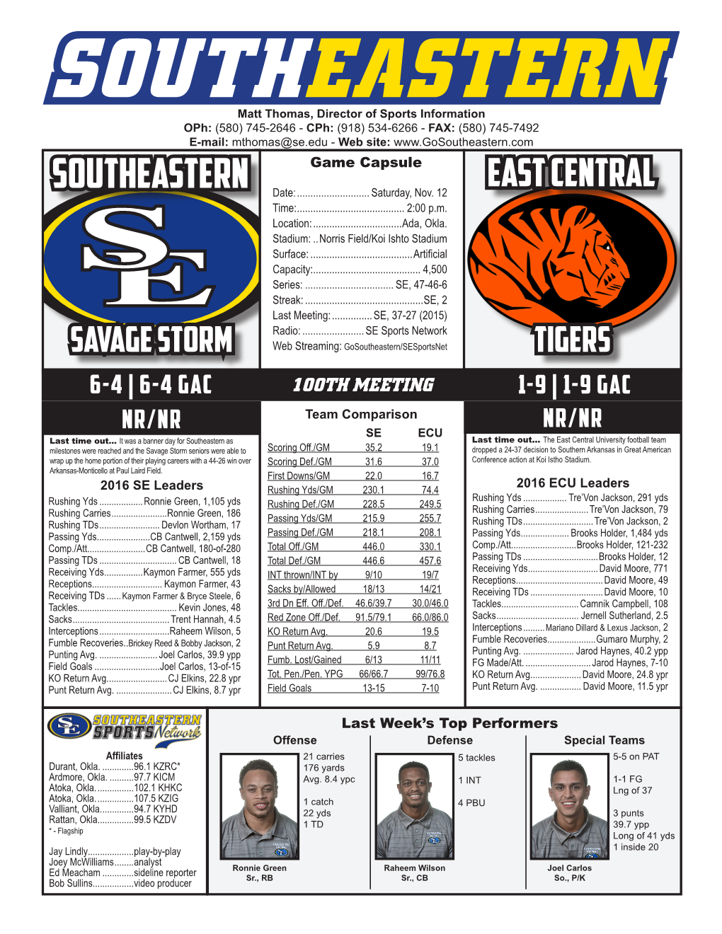 Southeastern.Com Game Capsule East Central Southeastern Date