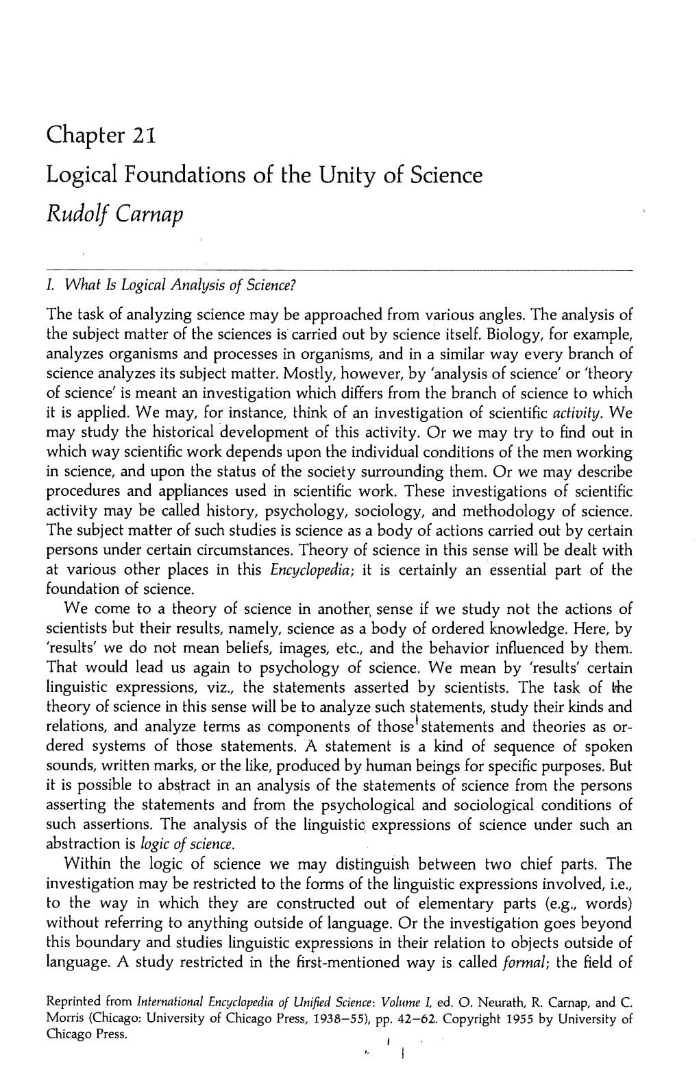 Chapter 21 Logical Foundations of the Unity of Science Rudolf Carnap