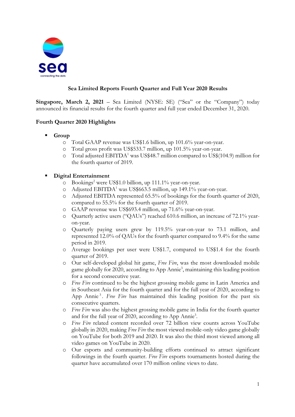 Sea Limited Reports Fourth Quarter and Full Year 2020 Results Singapore, March 2, 2021