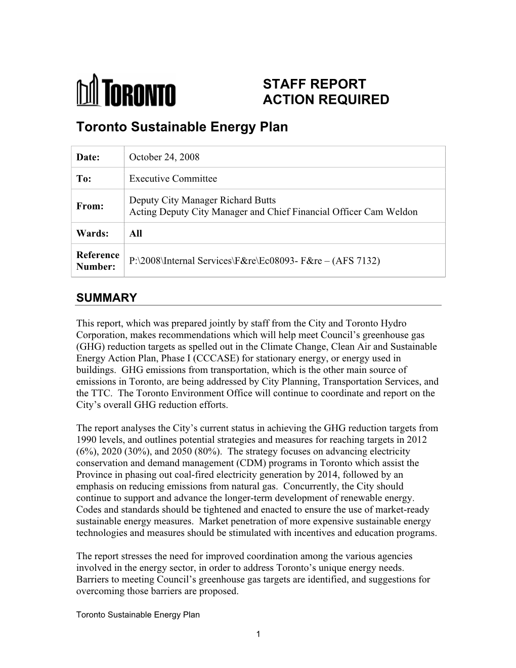 STAFF REPORT ACTION REQUIRED Toronto Sustainable Energy Plan