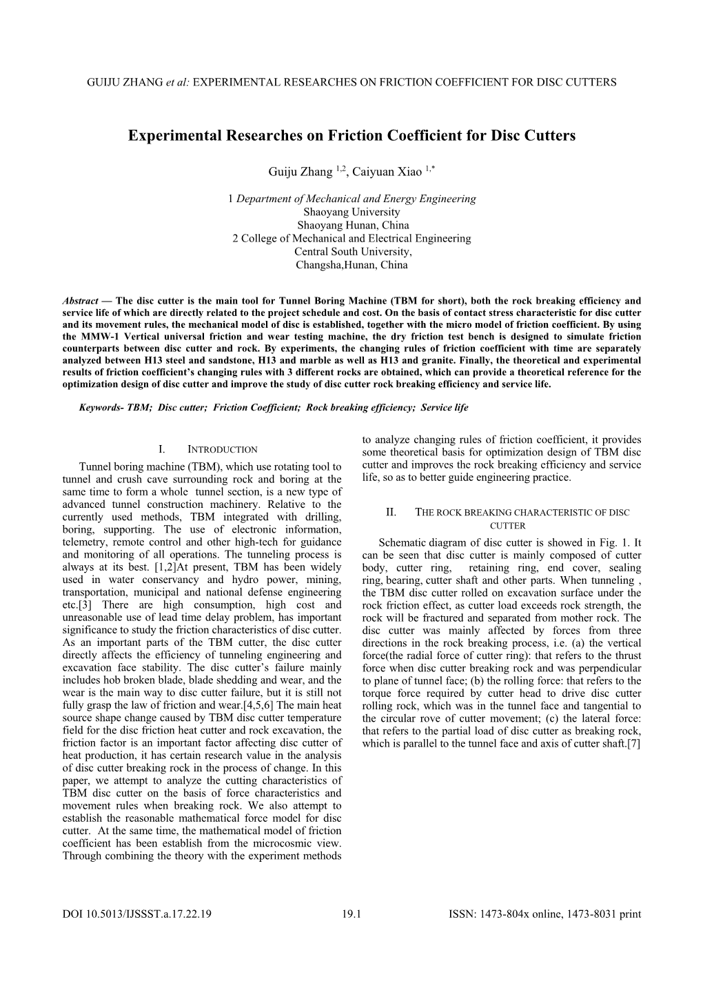 Experimental Researches on Friction Coefficient for Disc Cutters