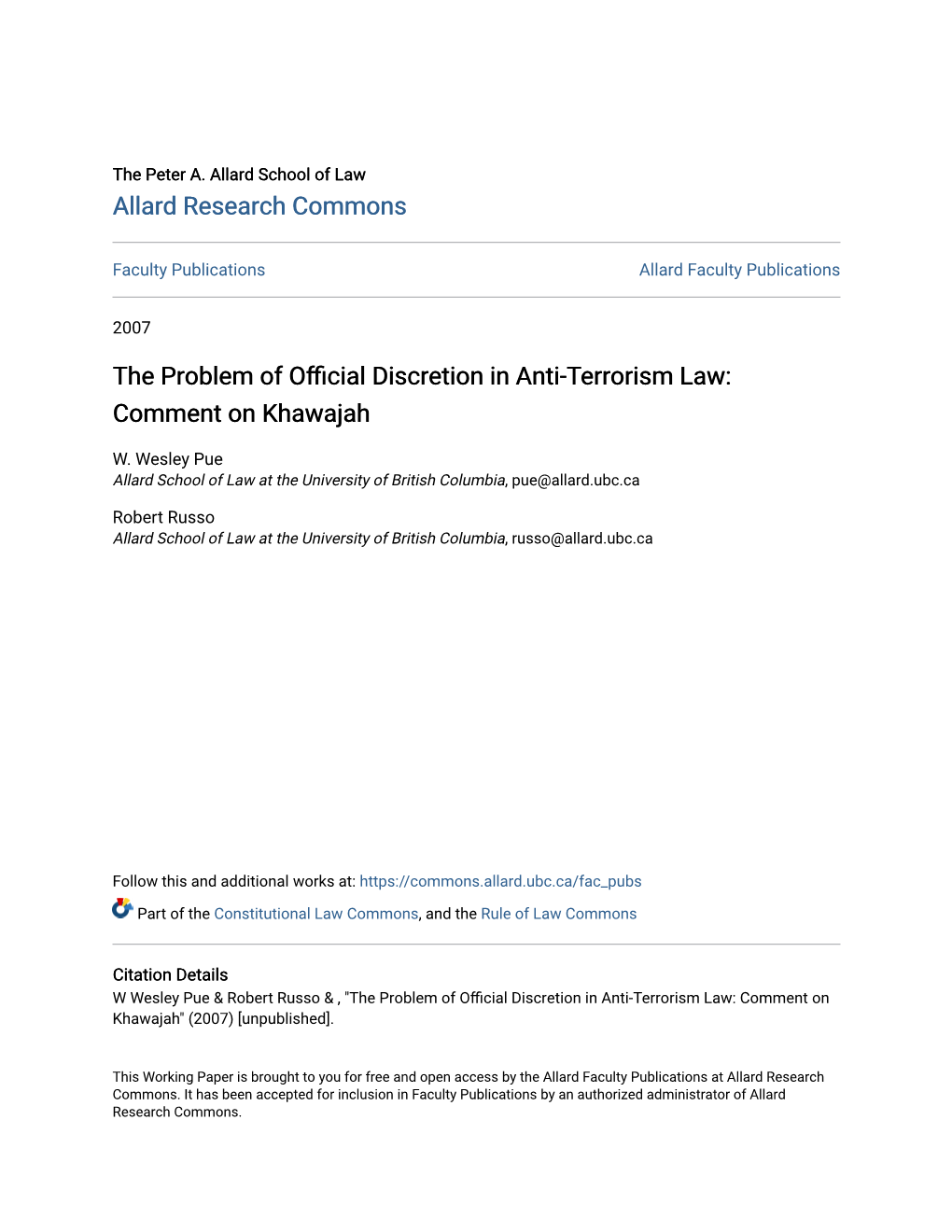 The Problem of Official Discretion in Anti-Terrorism Law: Comment on Khawajah