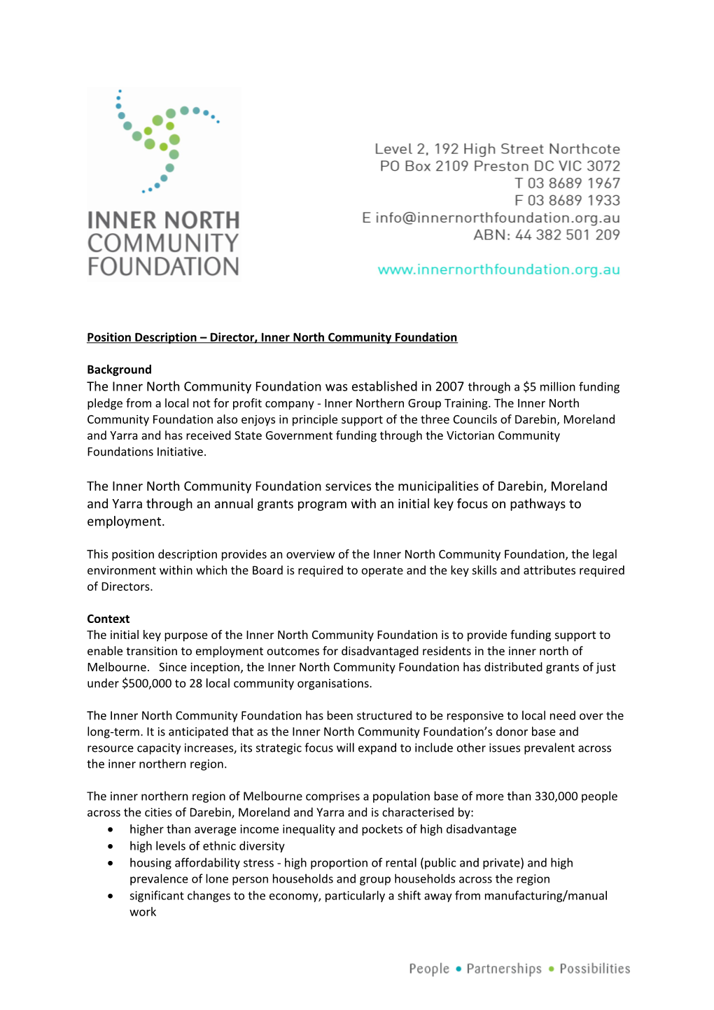 Advert Director Vacancy, Inner North Community Foundation