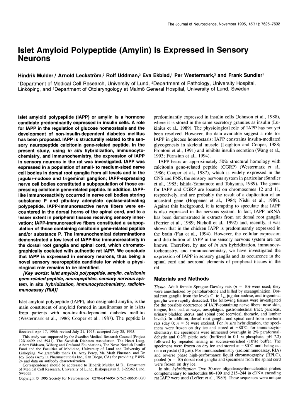 Islet Amyloid Polypeptide (Amylin) Is Expressed in Sensory Neurons