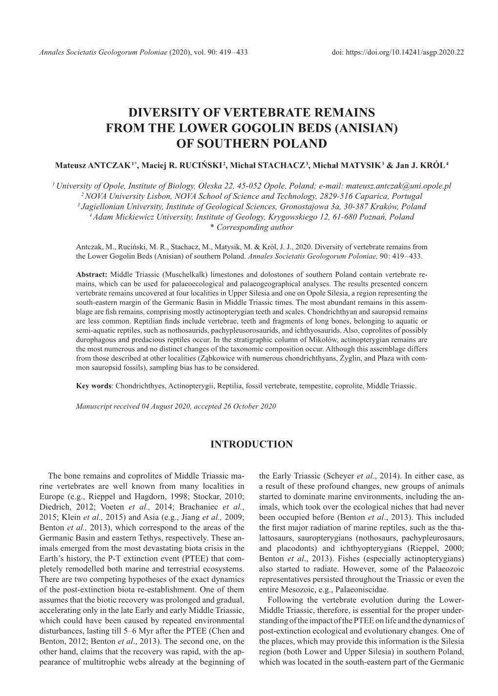 Diversity of Vertebrate Remains from the Lower Gogolin Beds (Anisian) of Southern Poland