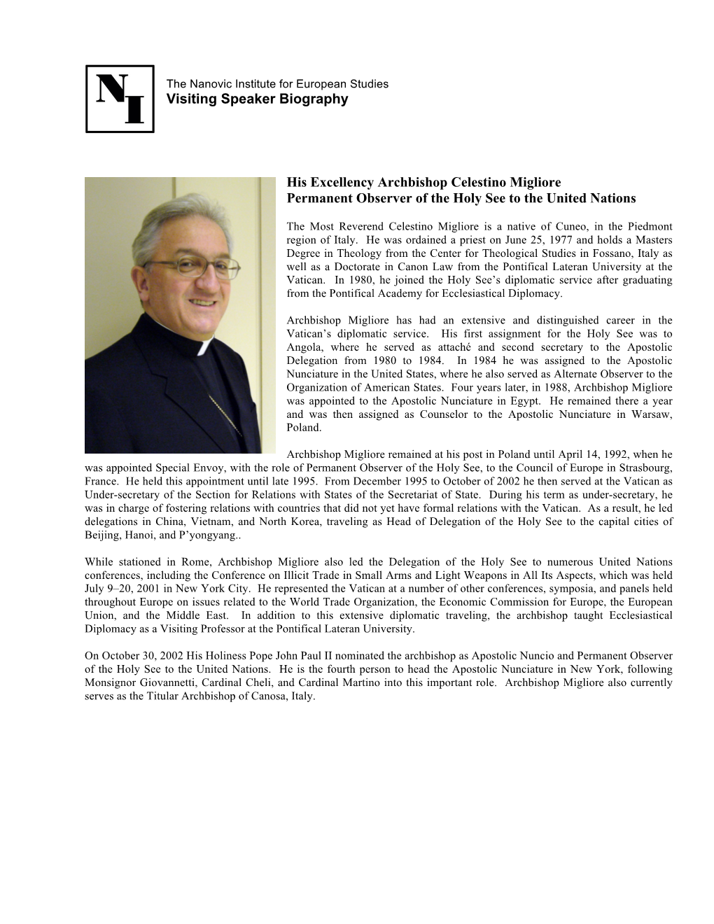 Visiting Speaker Biography His Excellency Archbishop Celestino