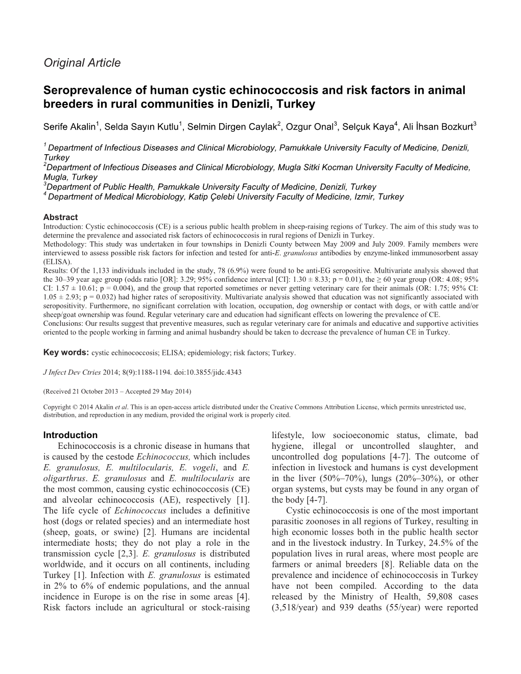 Original Article Seroprevalence of Human Cystic Echinococcosis And