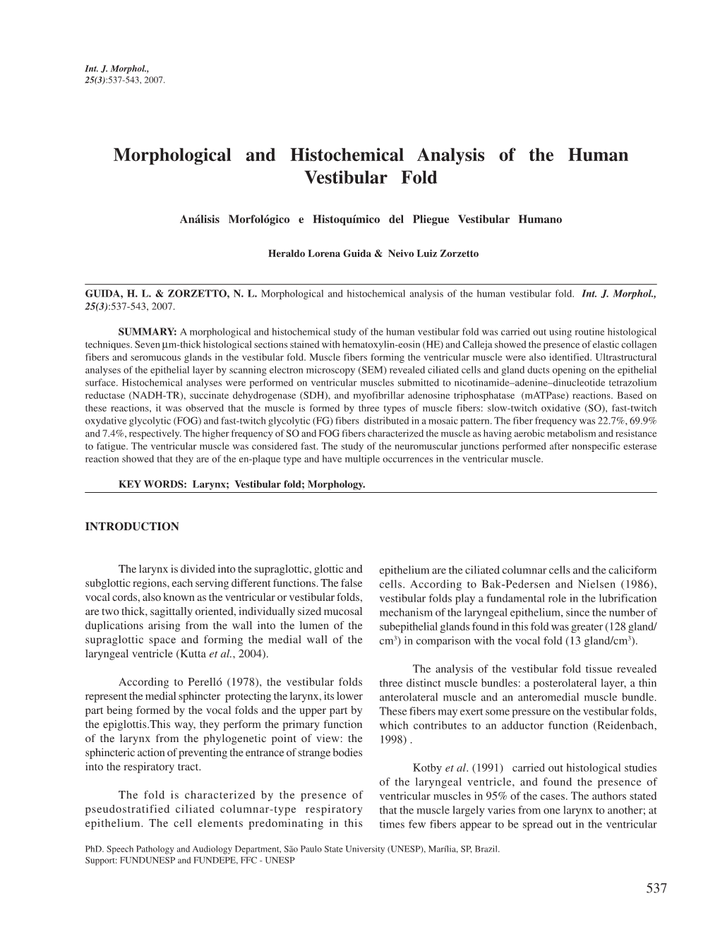 Morphological and Histochemical Analysis of the Human Vestibular Fold