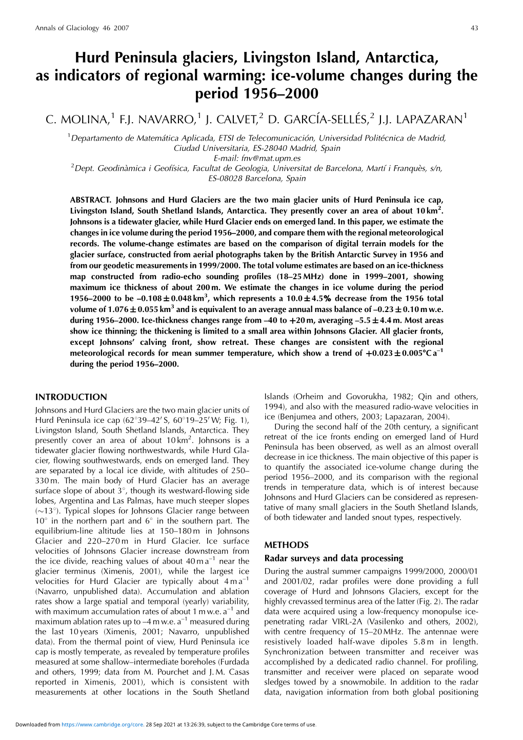 Hurd Peninsula Glaciers, Livingston Island, Antarctica, As Indicators of Regional Warming: Ice-Volume Changes During the Period 1956–2000